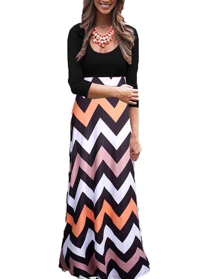 Romwe Zigzag Maxi Black Orange Dress
