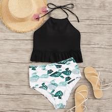 Romwe Ruffle Hem Halter Top With Random Graphic Tankini Set
