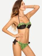 Romwe Contrast Green Leopard Print Ruched Bikini Set
