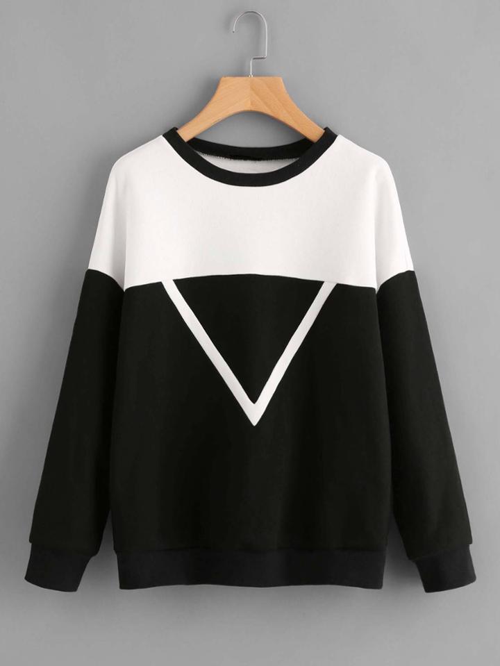 Romwe Woven Tape Detail Two Tone Pullover