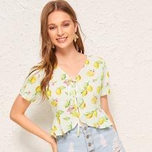 Romwe Lemon Print Knot Front Peplum Blouse