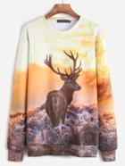 Romwe Deer Print Long Sleeve Sweatshirt
