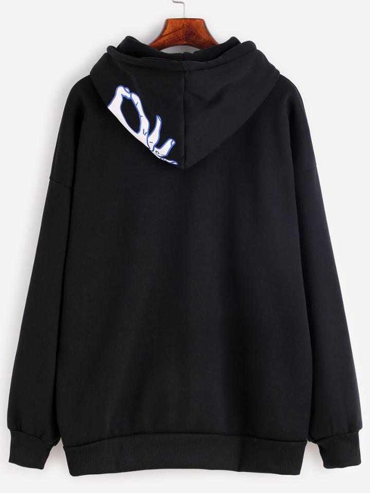 Romwe Black Hood Print Drop Shoulder Drawstring Sweatshirt