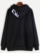 Romwe Black Hood Print Drop Shoulder Drawstring Sweatshirt