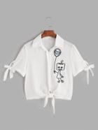 Romwe White Cartoon Embroidered Knot Front Blouse