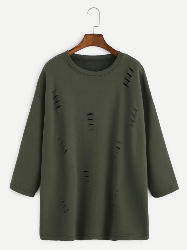 Romwe Army Green Dropped Shoulder Seam Ripped T-shirt