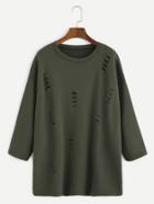 Romwe Army Green Dropped Shoulder Seam Ripped T-shirt