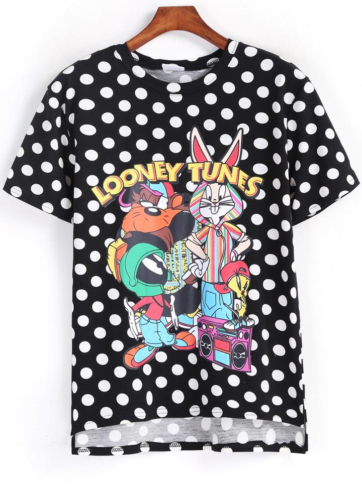 Romwe Dip Hem Polka Dot Rabbit Print Black T-shirt
