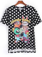 Romwe Dip Hem Polka Dot Rabbit Print Black T-shirt
