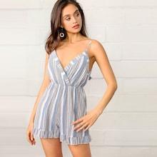 Romwe Knot Back Ruffle Trim Wrap Striped Cami Romper