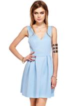 Romwe Deep V-neck Sheer Puff Sleeveless Blue Dress
