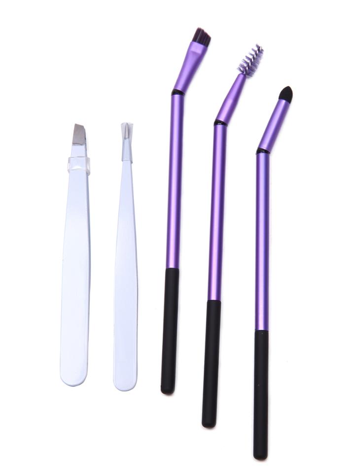 Romwe Purple Cosmetic Makeup Brush Set With Eyebrow Tweezers