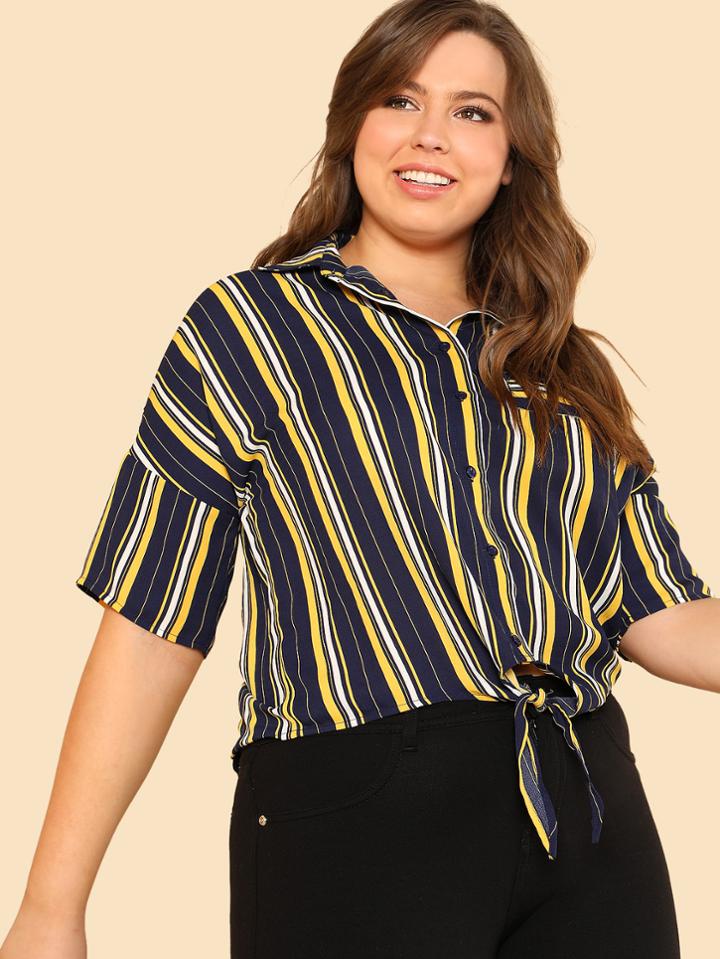 Romwe Knot Hem Vertical Striped Shirt