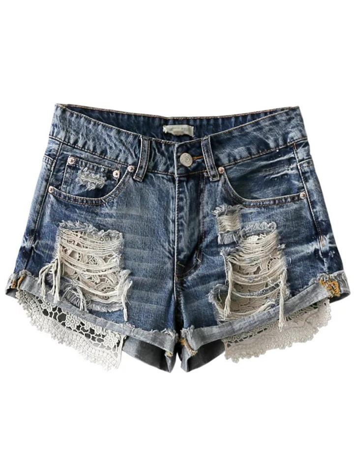 Romwe Blue Ripped Crochet Zipper Fly Shorts