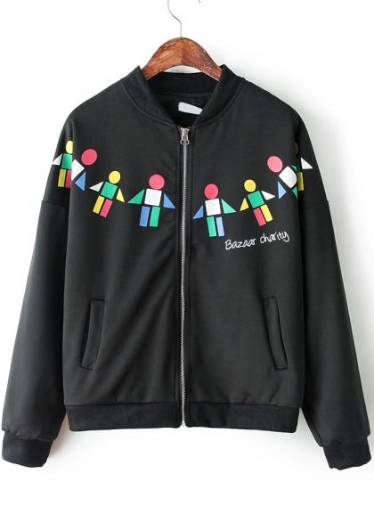 Romwe Stand Collar Cartoon Print With Zipper Black Jacket