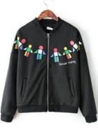 Romwe Stand Collar Cartoon Print With Zipper Black Jacket