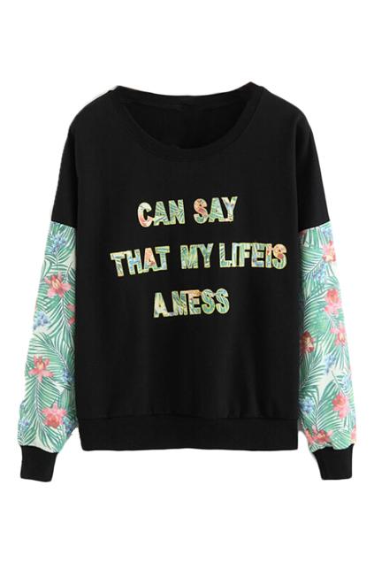 Romwe Letters And Floral Print Sweatshirt
