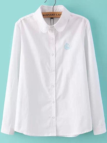 Romwe Lapel With Buttons Embroidered White Blouse