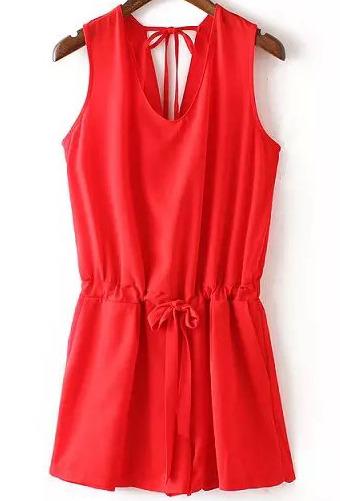 Romwe Red V Neck Sleeveless Peplum-waist Jumpsuit