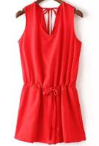 Romwe Red V Neck Sleeveless Peplum-waist Jumpsuit