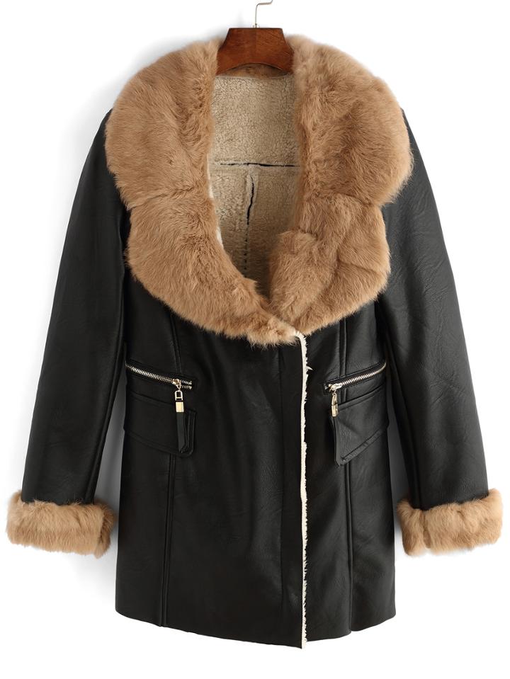 Romwe Faux Fur Lapel Pockets Belt Brown Coat