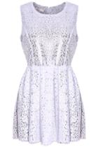 Romwe Silver Stamping Sleeveless Faux Fur White Dress