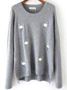 Romwe Dip Hem Swan Embroidered Grey Sweater