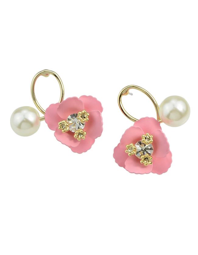 Romwe Pink Flower Pearl Small Stud Earrings