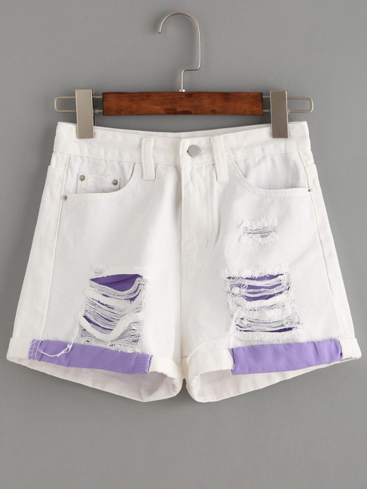 Romwe White Contrast Ripped Denim Shorts