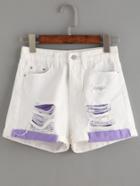 Romwe White Contrast Ripped Denim Shorts