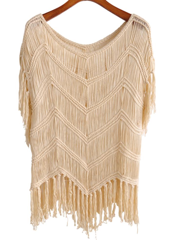 Romwe With Tassel Crochet Apricot Top