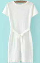 Romwe Short Sleeve Split With Belt White Dress