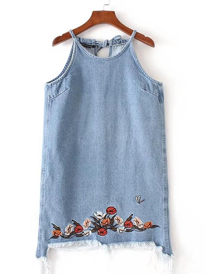 Romwe Tie Back Embroidery Frayed Denim Dress