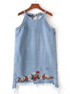 Romwe Tie Back Embroidery Frayed Denim Dress