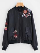Romwe Patch Detail Solid Bomber Jacket
