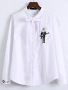 Romwe White Bow Tie Neck Embroidered Corduroy Shirt