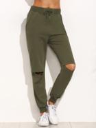 Romwe Army Green Tie Cut Out Knee Long Pants