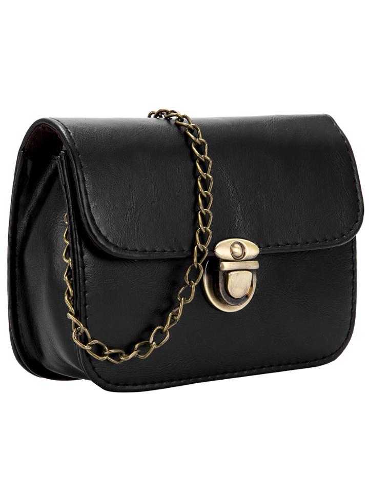 Romwe Black Metallic Push Lock Pu Chain Bag