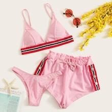 Romwe Striped Trim Button Decor Bikini Set 3pack