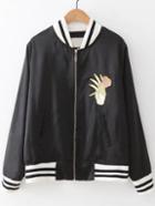 Romwe Black Palm Embroidery Striped Trim Jacket