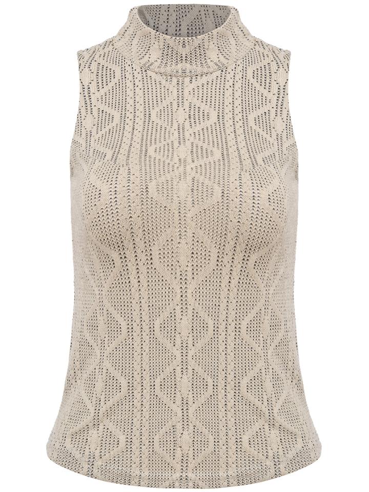 Romwe High Neck Obscure Knit Apricot Sweater Tank