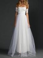 Romwe Off-the-shoulder Lace Applique Mesh Dress - White