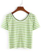 Romwe Thick Striped Crop T-shirt - Green