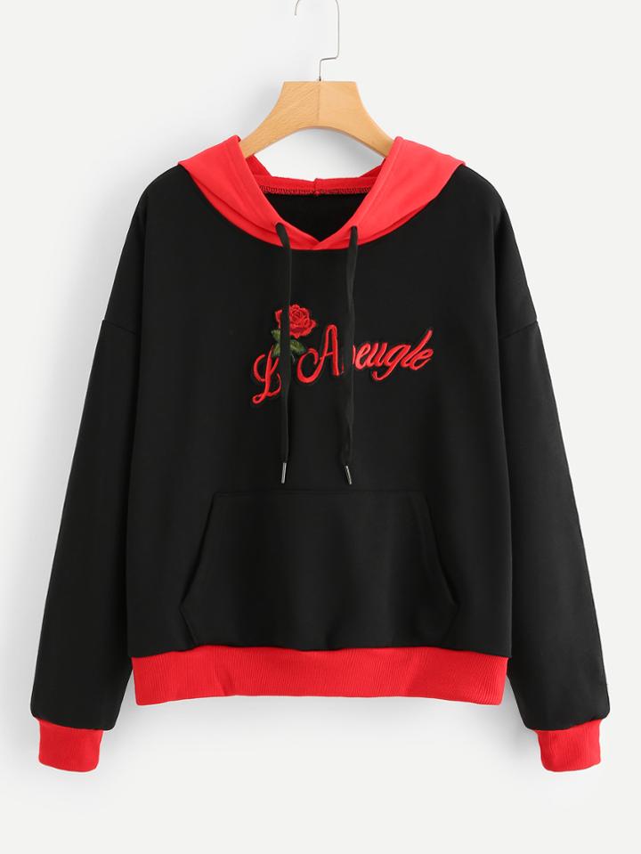 Romwe Contrast Trim Embroidered Hoodie