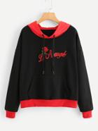Romwe Contrast Trim Embroidered Hoodie