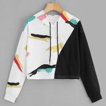 Romwe Graphic Print Cut And Sew Drawstring Hoodie