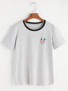 Romwe Grey Pinstriped Rose Embroidered T-shirt