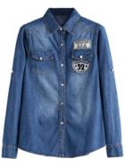 Romwe Dark Blue Letters Patch Curved Hem Denim Shirt