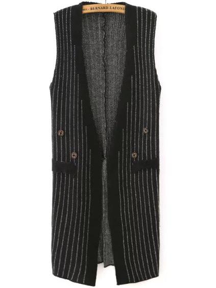Romwe Vertical Striped Slit Buttons Black Sweater Vest