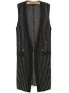 Romwe Vertical Striped Slit Buttons Black Sweater Vest